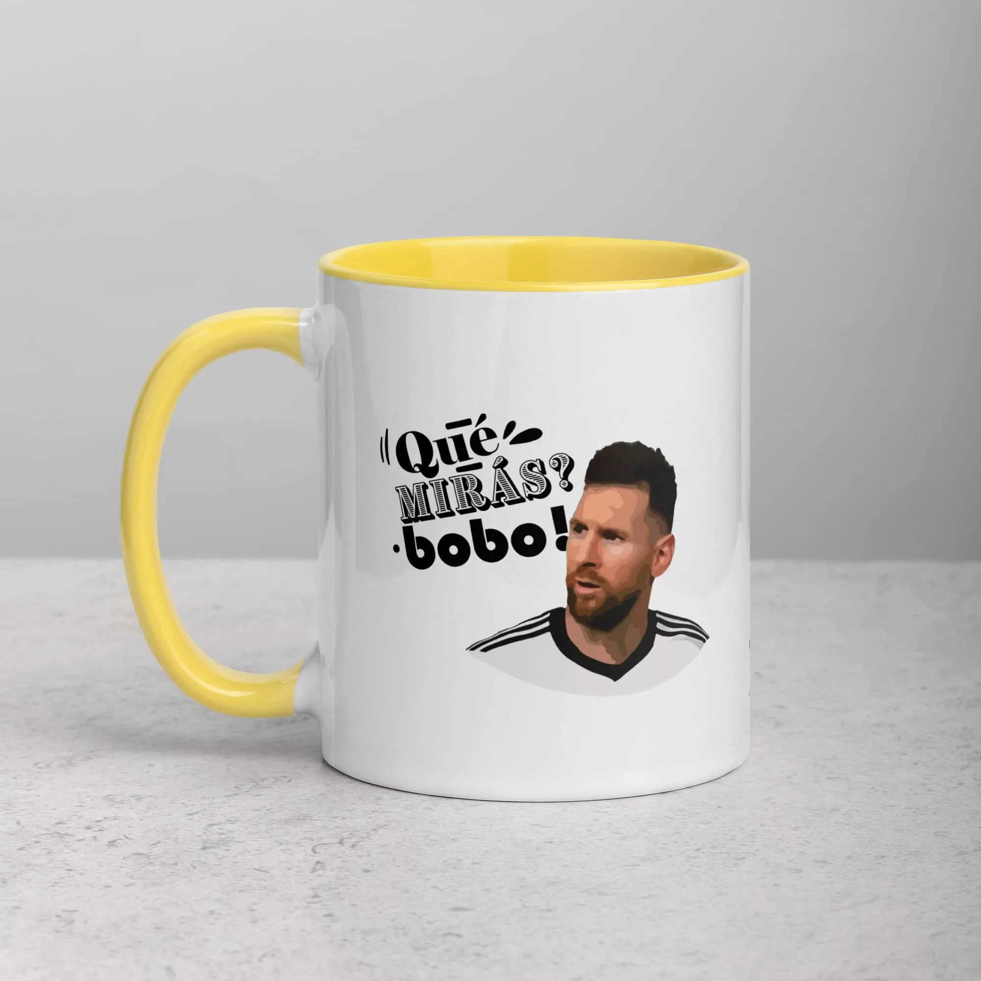 taza messi que miras bobo color interior amarillo 11oz left | Supertazas