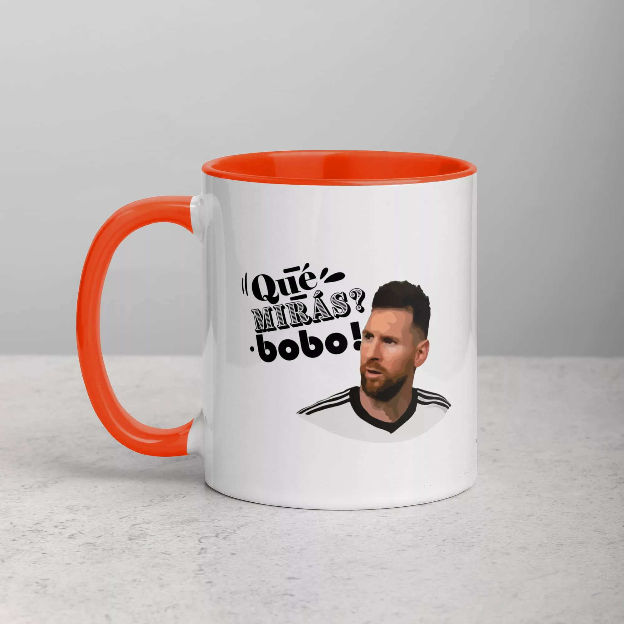 taza messi que miras bobo color interior naranja 11oz left | Supertazas