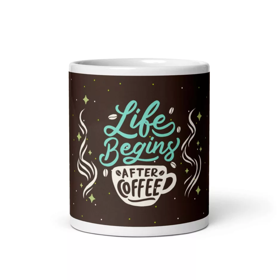taza life begins after coffee blanca brillante blanco 11oz front 1 | Supertazas