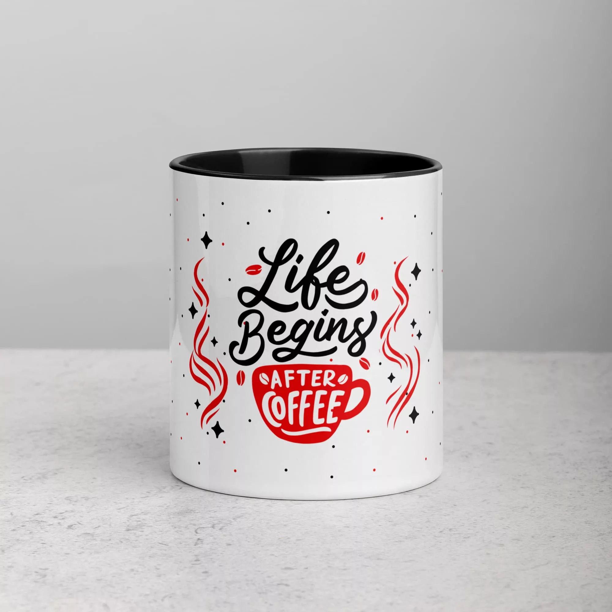 taza life begins after coffee color interior negro 11oz front | Supertazas