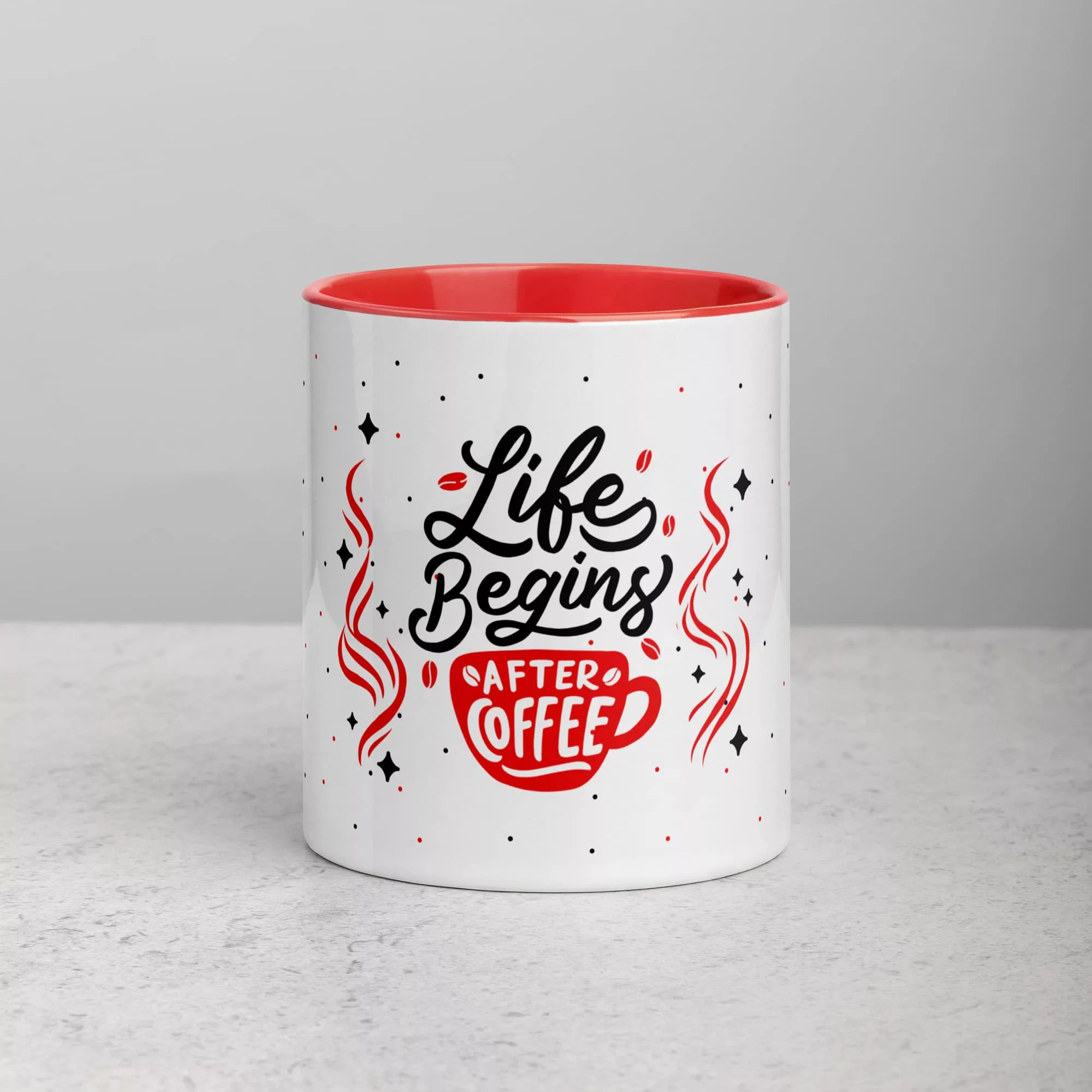 taza life begins after coffee color interior rojo 11oz front | Supertazas