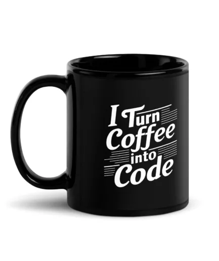 Taza negra con mensaje divertido: "I Turn Coffee into Code".