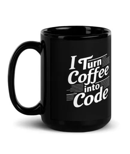 Turn coffee into code, taza negra, taza para programadores con frase divertida, ideal para amantes de la programación y el café, en color negro con texto en blanco, perfecta para regalar o usar en la oficina.