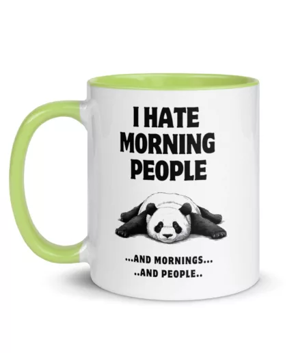 Taza blanca con interior y asa en verde, con dibujo de panda y texto "I hate morning people... and mornings... and people". Perfecta para amantes del humor y animales.
