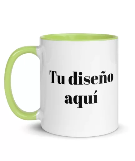 Blanco taza personalizable con interior verde y espacio para diseño personalizado en el exterior, ideal para regalos personalizados y promociones.