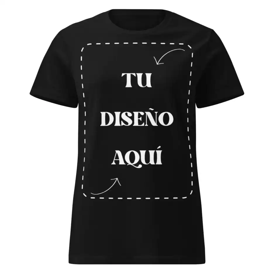 Diseño de camiseta en negro con espacio para personalización, con guías de tamaño y flechas indicando dónde colocar el texto personalizado.