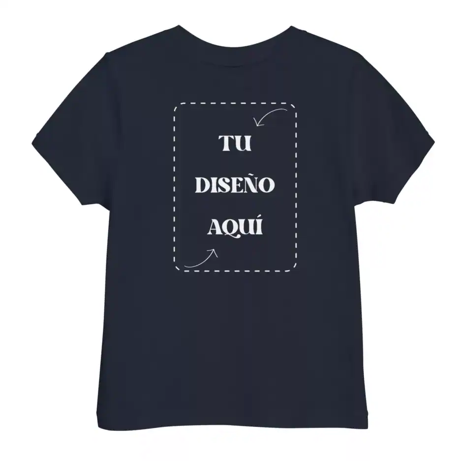 Diseño de camiseta personalizable con espacio para tu propio arte o texto. Modelo en color azul marino para imprimir y lucir tu estilo único. Perfecto para regalos o uso personal.