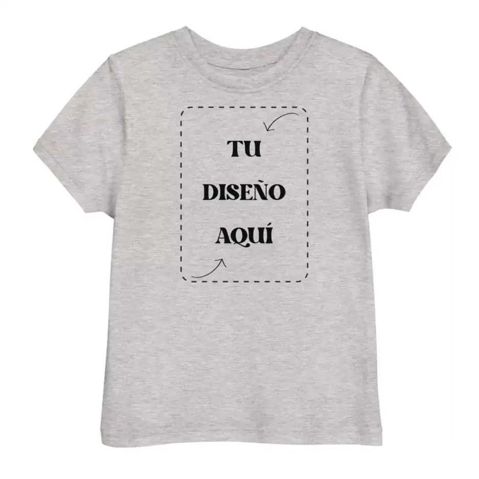 Diseño de camiseta gris con espacio personalizable para agregar tu propio texto o gráfico en el centro. Ideal para crear una camiseta única y personalizada para cualquier ocasión.