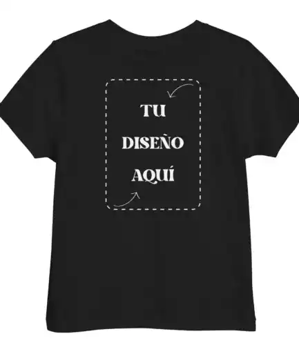Diseño de camiseta en negro con espacio personalizable para agregar tu propio arte o texto. Perfecta para personalizar con tu creatividad, ideal para promociones, regalos y eventos especiales.