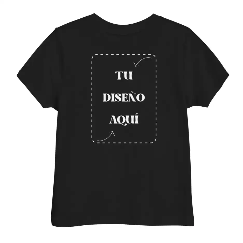 Diseño de camiseta en negro con espacio personalizable para agregar tu propio arte o texto. Perfecta para personalizar con tu creatividad, ideal para promociones, regalos y eventos especiales.